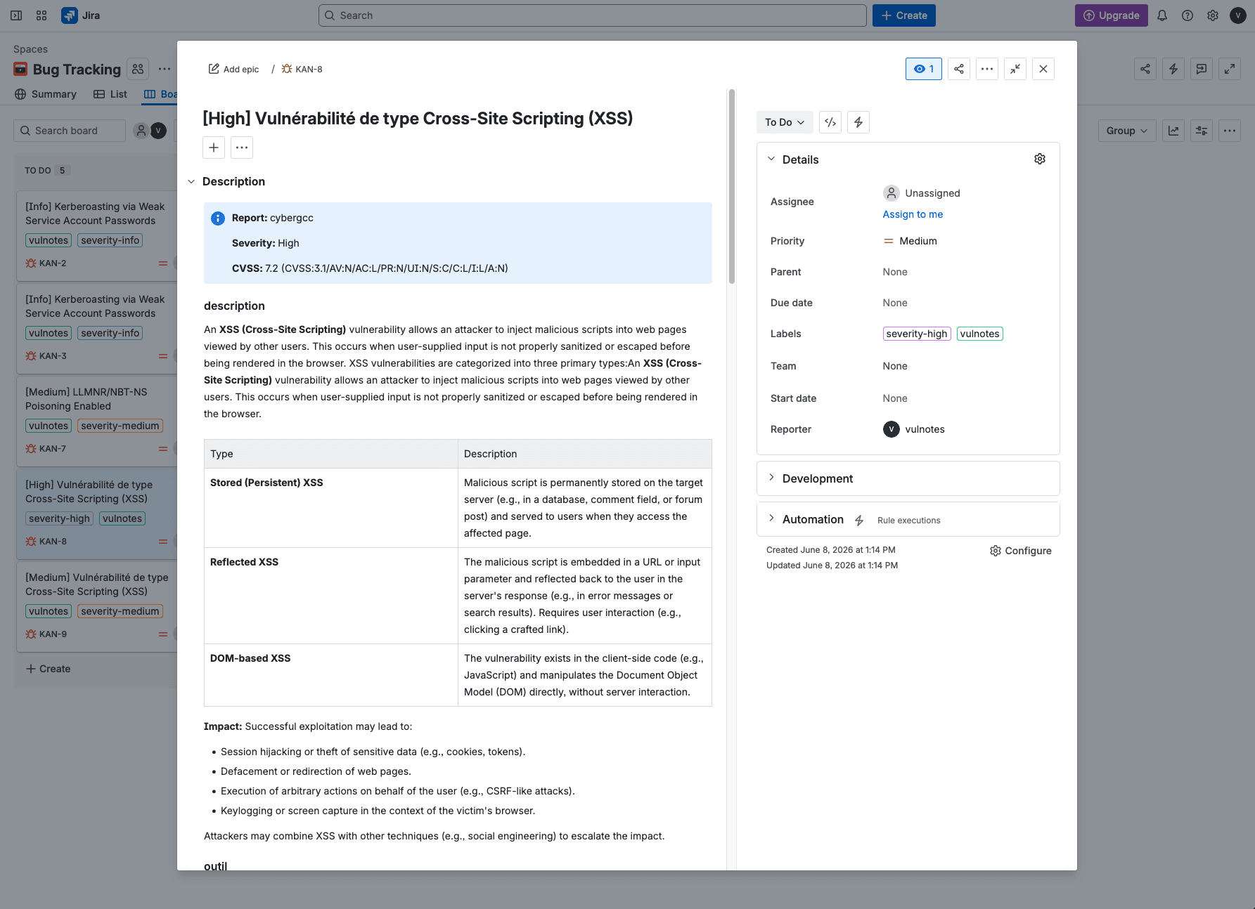 A Vulnotes finding synced as a ticket in the client's Jira
