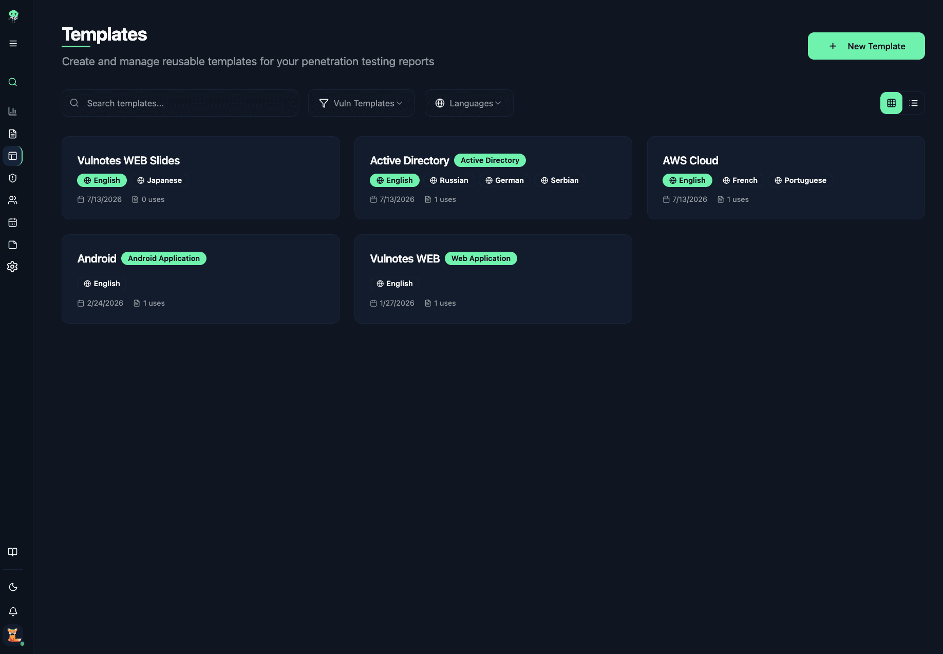 Report template groups with linked translations in Vulnotes