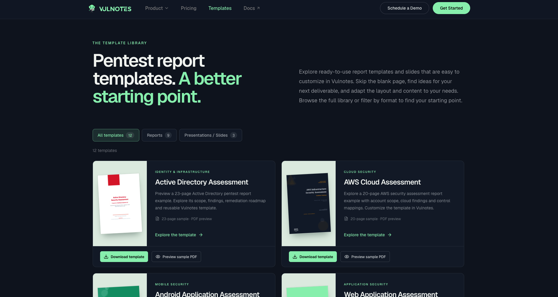 Vulnotes public template library with report previews and download links.